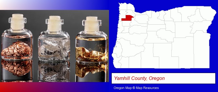 gold, silver, and copper nuggets; Yamhill County, Oregon highlighted in red on a map