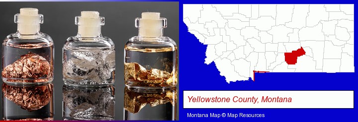 gold, silver, and copper nuggets; Yellowstone County, Montana highlighted in red on a map