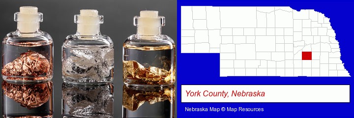 gold, silver, and copper nuggets; York County, Nebraska highlighted in red on a map