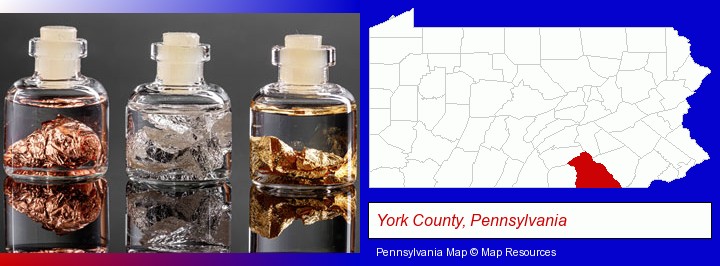 gold, silver, and copper nuggets; York County, Pennsylvania highlighted in red on a map