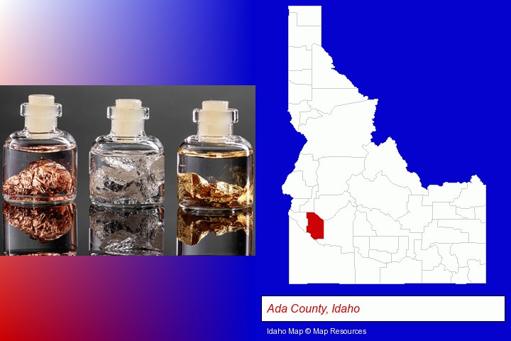 gold, silver, and copper nuggets; Ada County, Idaho highlighted in red on a map