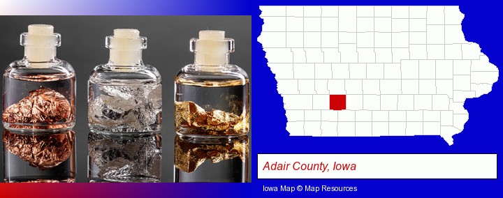 gold, silver, and copper nuggets; Adair County, Iowa highlighted in red on a map