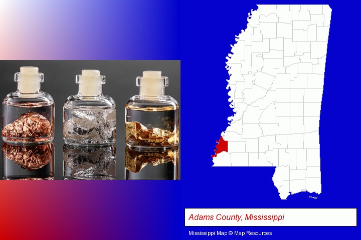 gold, silver, and copper nuggets; Adams County, Mississippi highlighted in red on a map