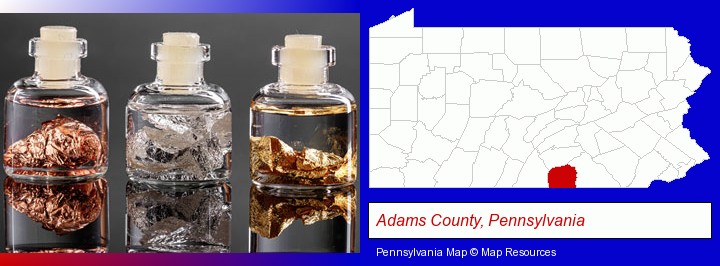 gold, silver, and copper nuggets; Adams County, Pennsylvania highlighted in red on a map