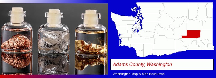 gold, silver, and copper nuggets; Adams County, Washington highlighted in red on a map