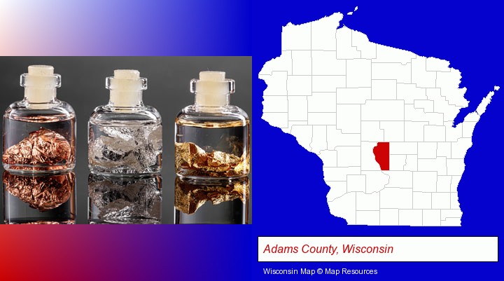 gold, silver, and copper nuggets; Adams County, Wisconsin highlighted in red on a map