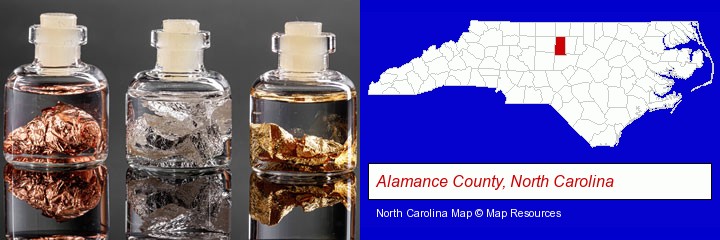 gold, silver, and copper nuggets; Alamance County, North Carolina highlighted in red on a map