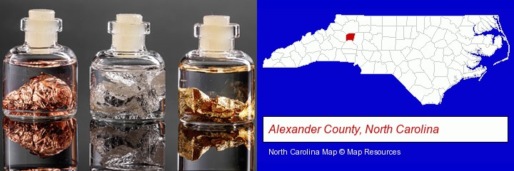 gold, silver, and copper nuggets; Alexander County, North Carolina highlighted in red on a map