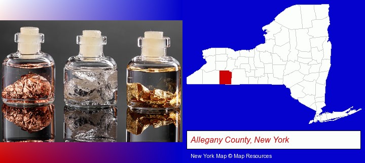 gold, silver, and copper nuggets; Allegany County, New York highlighted in red on a map