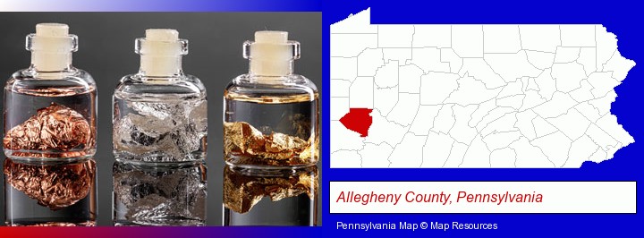 gold, silver, and copper nuggets; Allegheny County, Pennsylvania highlighted in red on a map