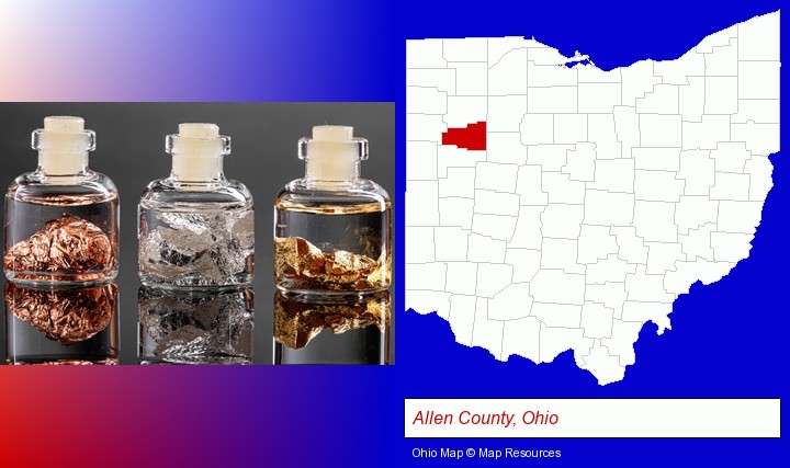 gold, silver, and copper nuggets; Allen County, Ohio highlighted in red on a map