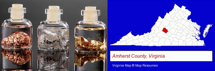 gold, silver, and copper nuggets; Amherst County, Virginia highlighted in red on a map