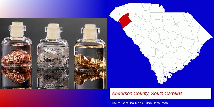 gold, silver, and copper nuggets; Anderson County, South Carolina highlighted in red on a map