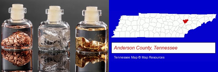 gold, silver, and copper nuggets; Anderson County, Tennessee highlighted in red on a map