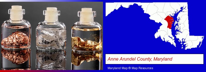 gold, silver, and copper nuggets; Anne Arundel County, Maryland highlighted in red on a map