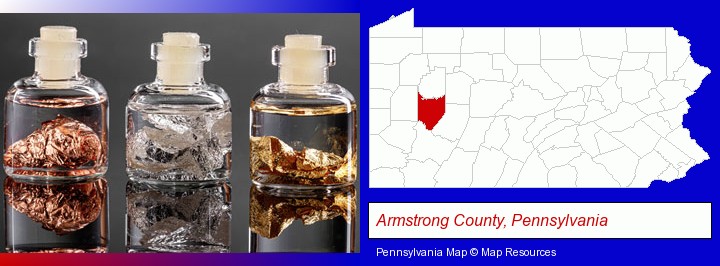 gold, silver, and copper nuggets; Armstrong County, Pennsylvania highlighted in red on a map