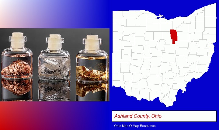 gold, silver, and copper nuggets; Ashland County, Ohio highlighted in red on a map