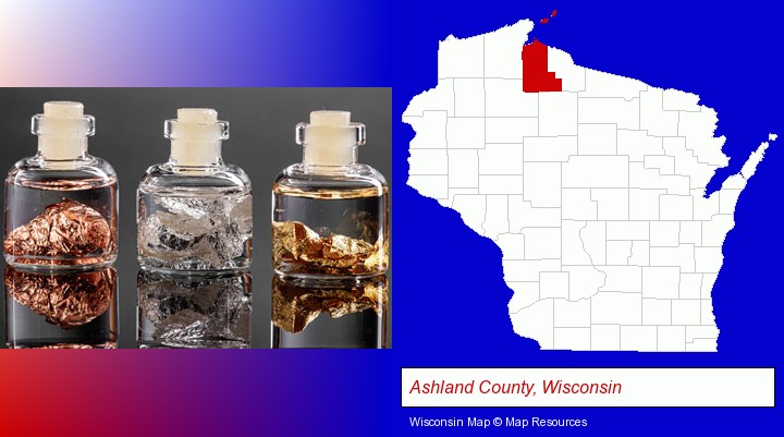 gold, silver, and copper nuggets; Ashland County, Wisconsin highlighted in red on a map