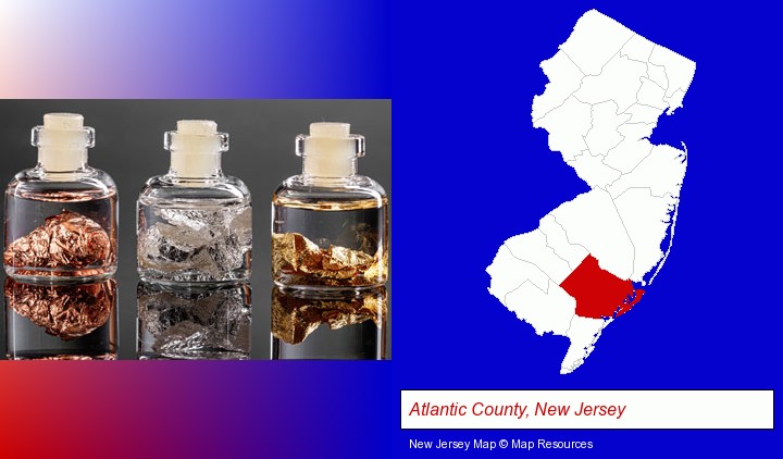 gold, silver, and copper nuggets; Atlantic County, New Jersey highlighted in red on a map