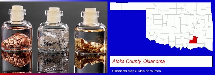 gold, silver, and copper nuggets; Atoka County, Oklahoma highlighted in red on a map