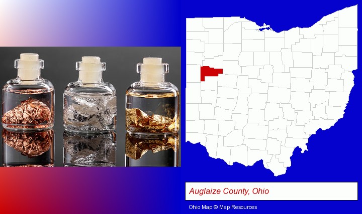 gold, silver, and copper nuggets; Auglaize County, Ohio highlighted in red on a map