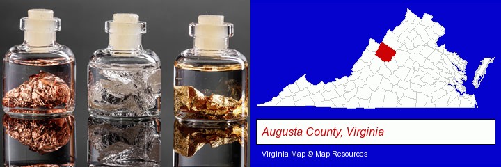 gold, silver, and copper nuggets; Augusta County, Virginia highlighted in red on a map