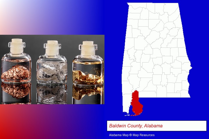 gold, silver, and copper nuggets; Baldwin County, Alabama highlighted in red on a map