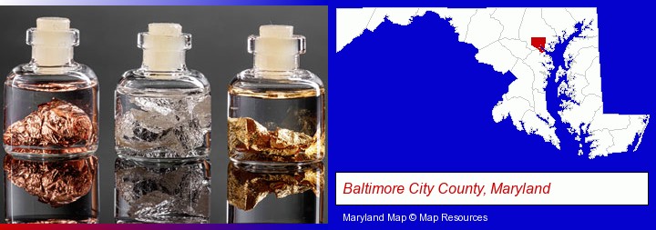 gold, silver, and copper nuggets; Baltimore City County, Maryland highlighted in red on a map