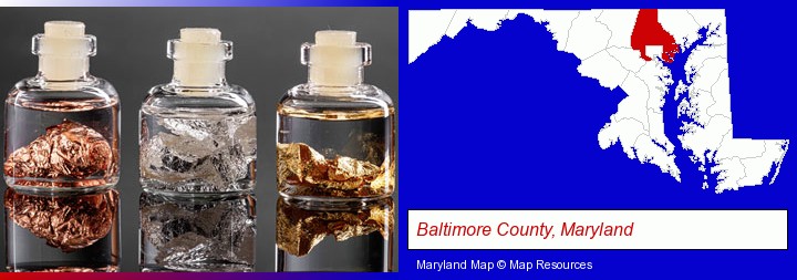 gold, silver, and copper nuggets; Baltimore County, Maryland highlighted in red on a map