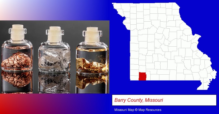 gold, silver, and copper nuggets; Barry County, Missouri highlighted in red on a map