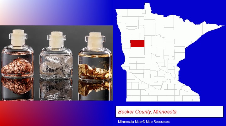 gold, silver, and copper nuggets; Becker County, Minnesota highlighted in red on a map
