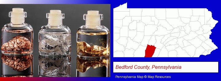 gold, silver, and copper nuggets; Bedford County, Pennsylvania highlighted in red on a map