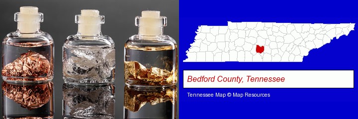 gold, silver, and copper nuggets; Bedford County, Tennessee highlighted in red on a map