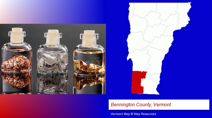 gold, silver, and copper nuggets; Bennington County, Vermont highlighted in red on a map