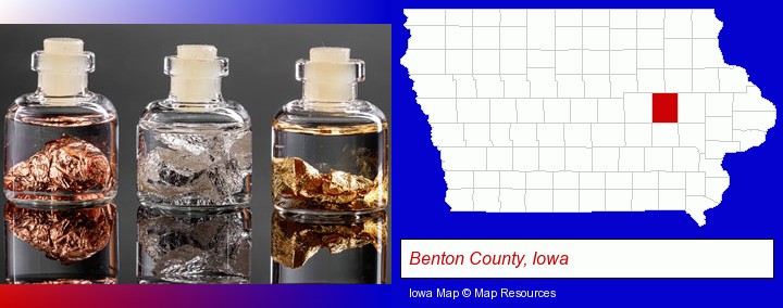 gold, silver, and copper nuggets; Benton County, Iowa highlighted in red on a map