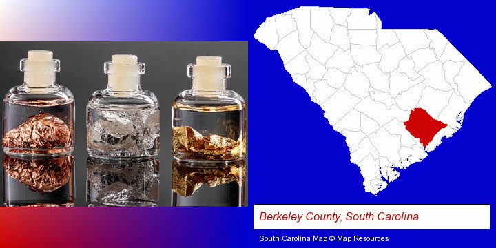 gold, silver, and copper nuggets; Berkeley County, South Carolina highlighted in red on a map