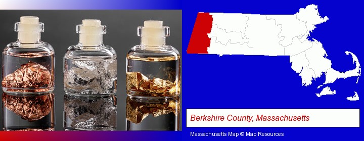 gold, silver, and copper nuggets; Berkshire County, Massachusetts highlighted in red on a map