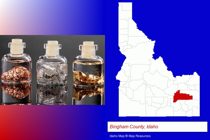 gold, silver, and copper nuggets; Bingham County, Idaho highlighted in red on a map