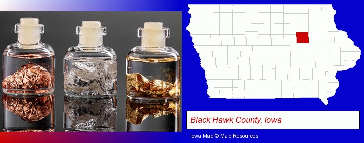 gold, silver, and copper nuggets; Black Hawk County, Iowa highlighted in red on a map