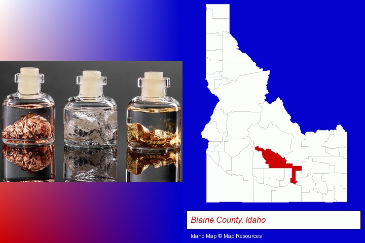 gold, silver, and copper nuggets; Blaine County, Idaho highlighted in red on a map