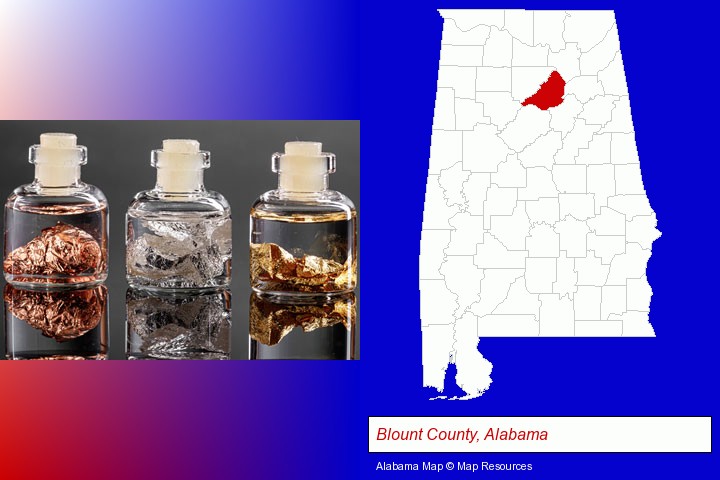 gold, silver, and copper nuggets; Blount County, Alabama highlighted in red on a map