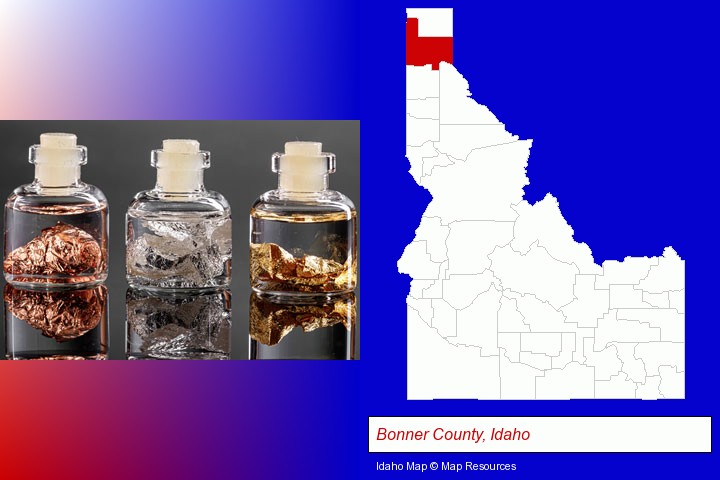 gold, silver, and copper nuggets; Bonner County, Idaho highlighted in red on a map