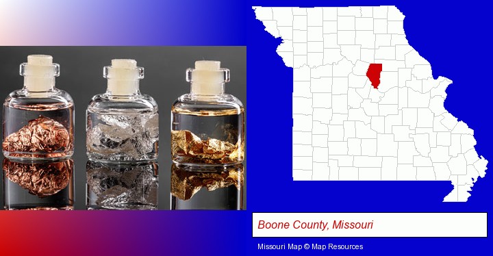 gold, silver, and copper nuggets; Boone County, Missouri highlighted in red on a map