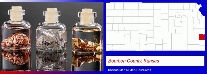 gold, silver, and copper nuggets; Bourbon County, Kansas highlighted in red on a map