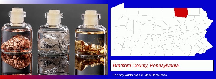 gold, silver, and copper nuggets; Bradford County, Pennsylvania highlighted in red on a map
