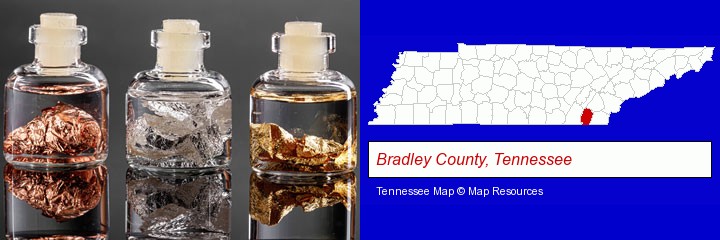 gold, silver, and copper nuggets; Bradley County, Tennessee highlighted in red on a map