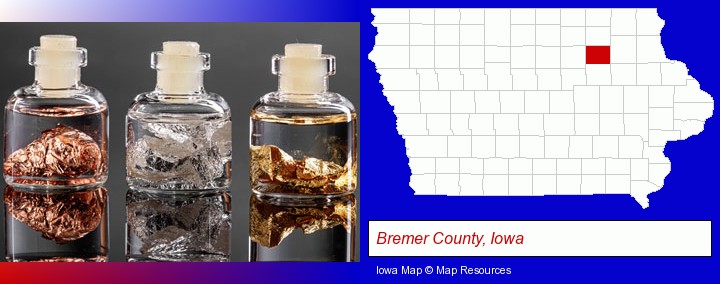 gold, silver, and copper nuggets; Bremer County, Iowa highlighted in red on a map
