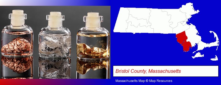 gold, silver, and copper nuggets; Bristol County, Massachusetts highlighted in red on a map