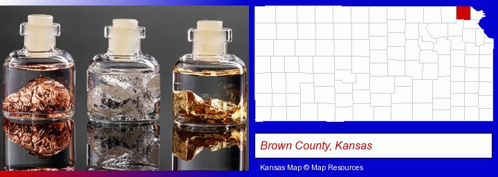 gold, silver, and copper nuggets; Brown County, Kansas highlighted in red on a map