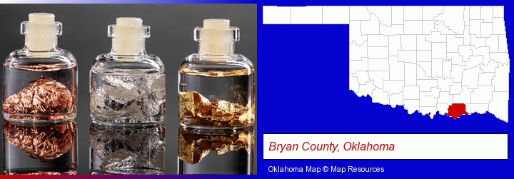 gold, silver, and copper nuggets; Bryan County, Oklahoma highlighted in red on a map